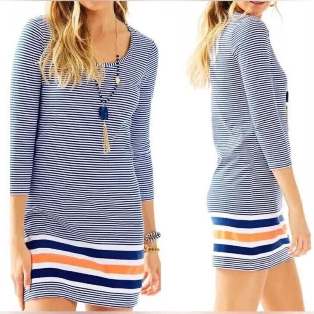 Lilly Pulitzer Beacon Dress Blue White Striped Shift Size XL